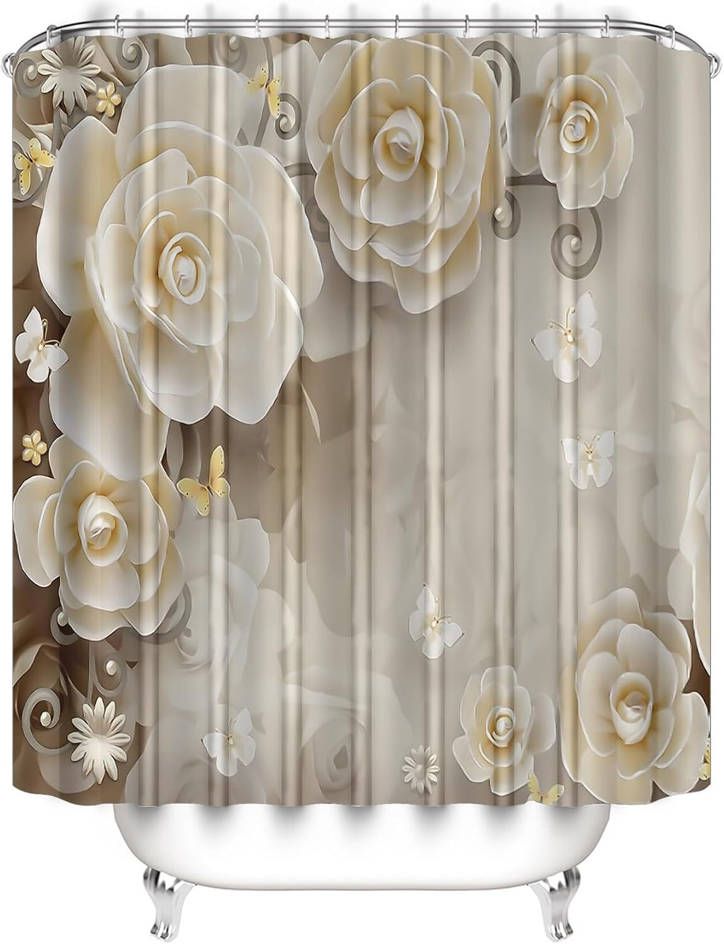 Chrainy 4pcs Beige Flowers Shower Cutain Bathroom Decor Sets with Rugs