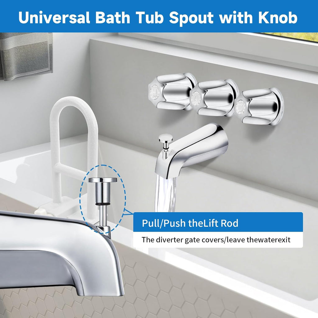 Bathtub Faucet Replacement Kit with Diverter Tub Spout, 3 Handle Shower Knob Set, Stainless Steel Tub Faucet Repair Kit for Tub & Shower, Fits 1/2" and 3/4" Connections
