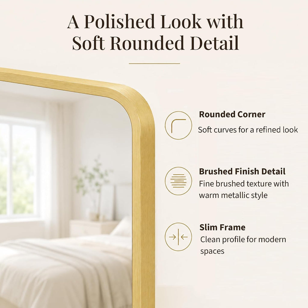 24x36 Inch Brushed Gold Rounded Rectangle Bathroom Vanity Mirror