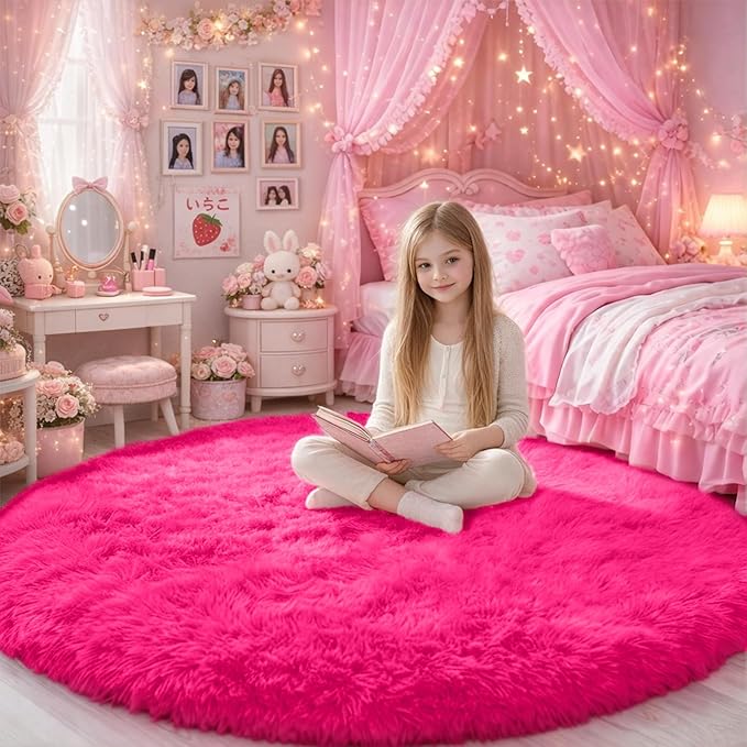Hot Pink Round Circle Rug 6Ft for Girls Bedroom, Big Fluffy Area Rugs for Kids by Amdrebio