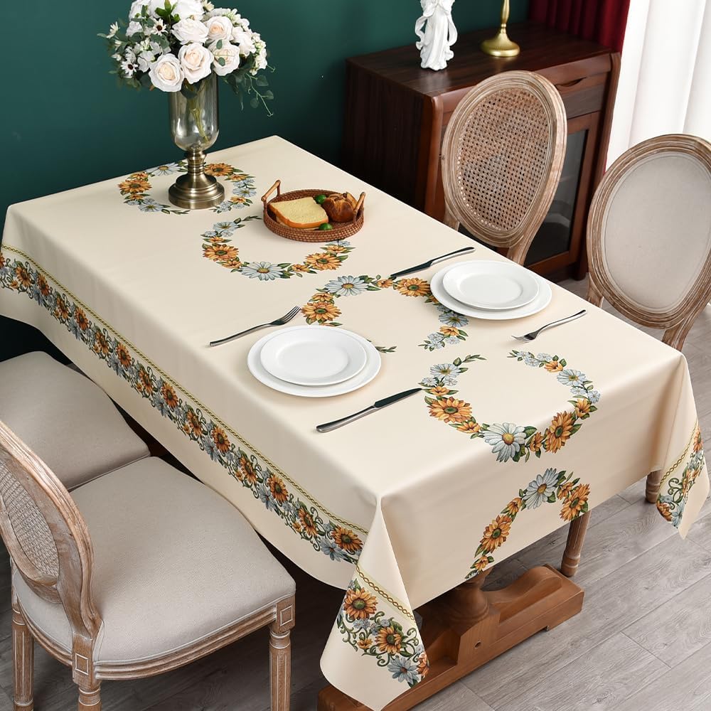 Zobesta Beige Vinyl Tablecloth Rectangular 86x55 PVC Sunflower Plastic