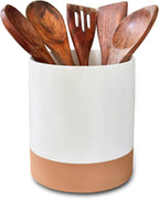 Mora Ceramic Kitchen Utensil Holder - Wooden Spoon & Spatula Crock for Countertop, Modern Farmhouse Home Decor, Extra Large 7.3" Cooking Organizer for Stove Top and Counter - Heavy & Sturdy - Vanilla