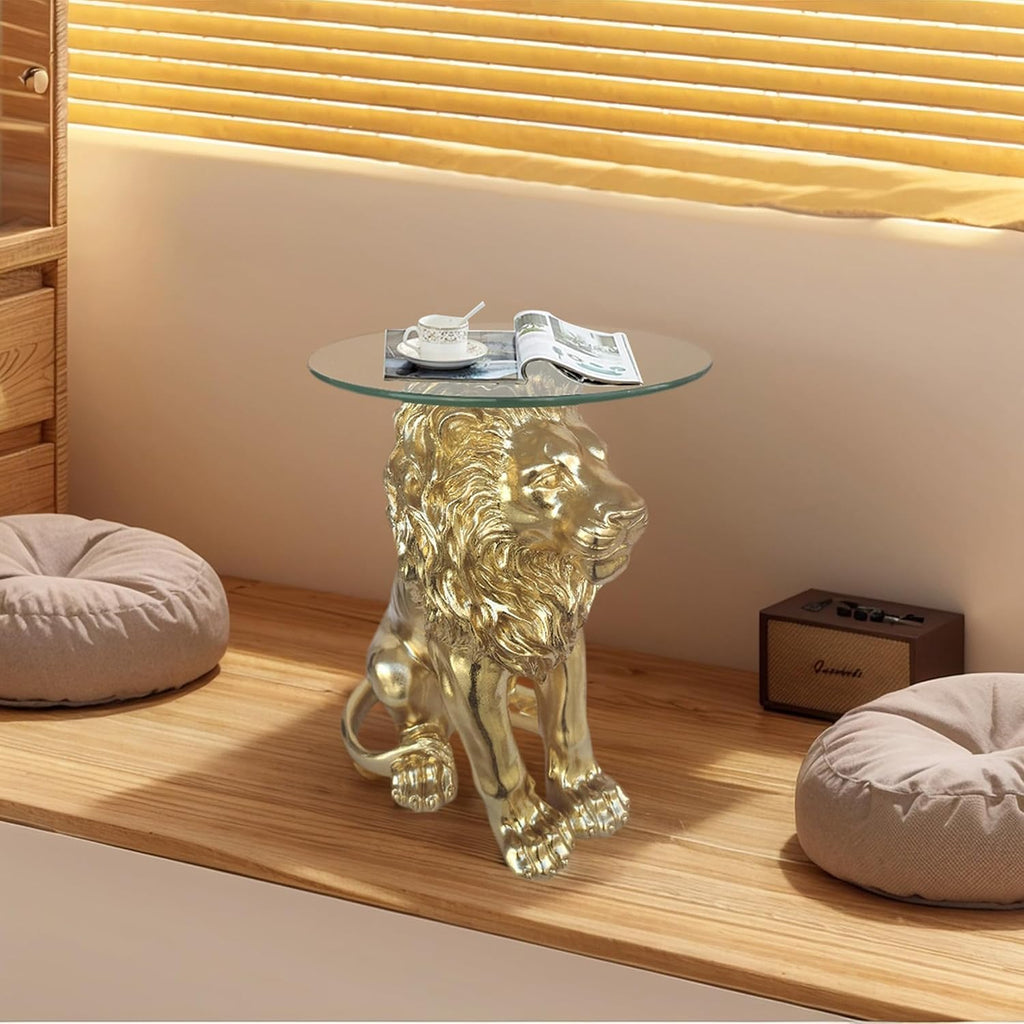 Lion Statue Side Table, 13 inch Tempered Glass Coffee Table