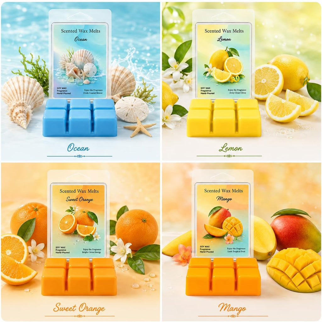 Wax Melt 4 Pack 2.5 Oz Each Wax Melts 10 Oz Total Scented Wax Melt Wax Cubes for Warmer Strong Scent Wax Melt Home Fragrance Candle Melts Wax Warmer Cubes Lemon, Sweet Orange, Ocean, Mango