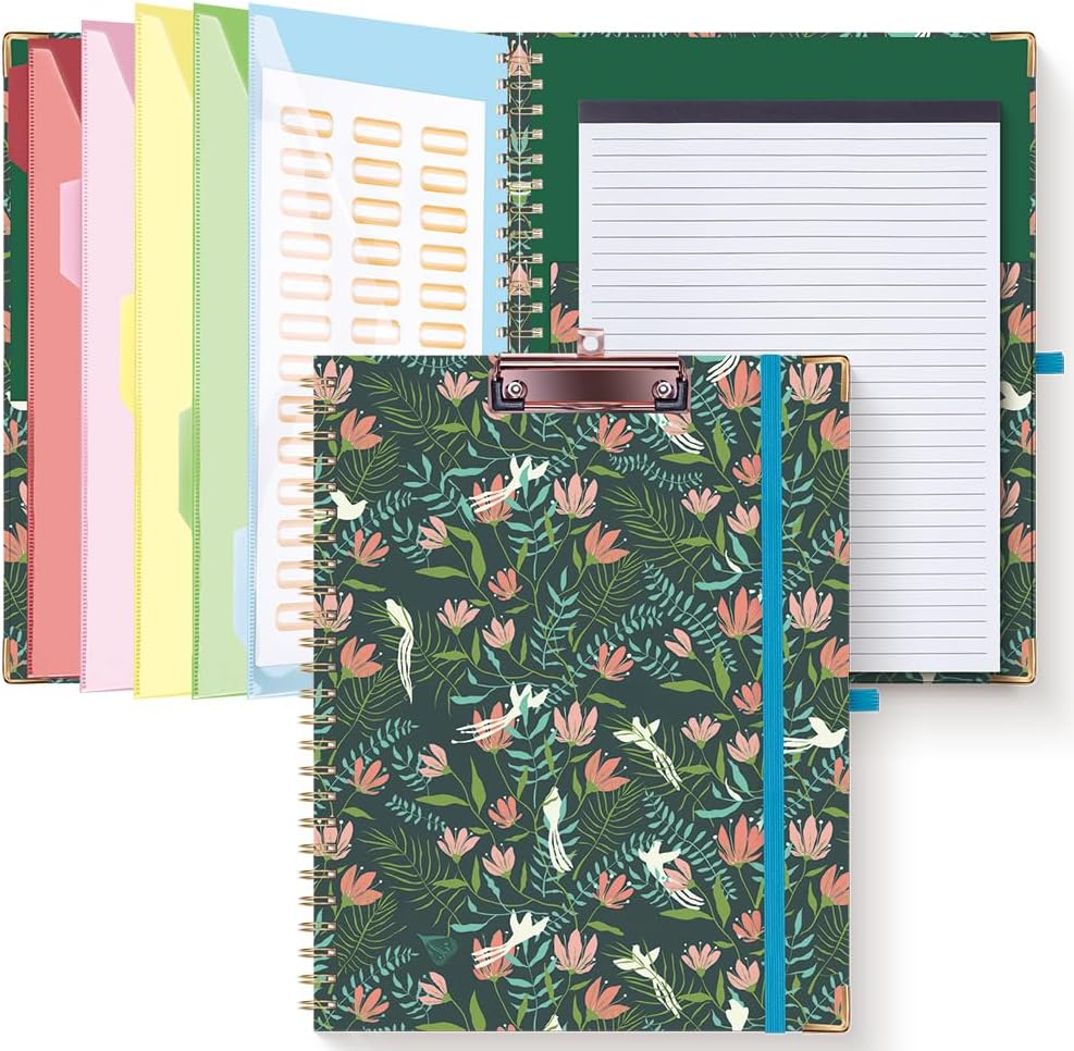 HAUTOCO Clipboard Folio with Refillable Notepad for Letter Size (11" x 8.5"), 5 Dividers with 10 Pockets, Elastic Pen Holder and File Folder Labels, Spiral Nurse Clipboard Artboard(Pink Marble)