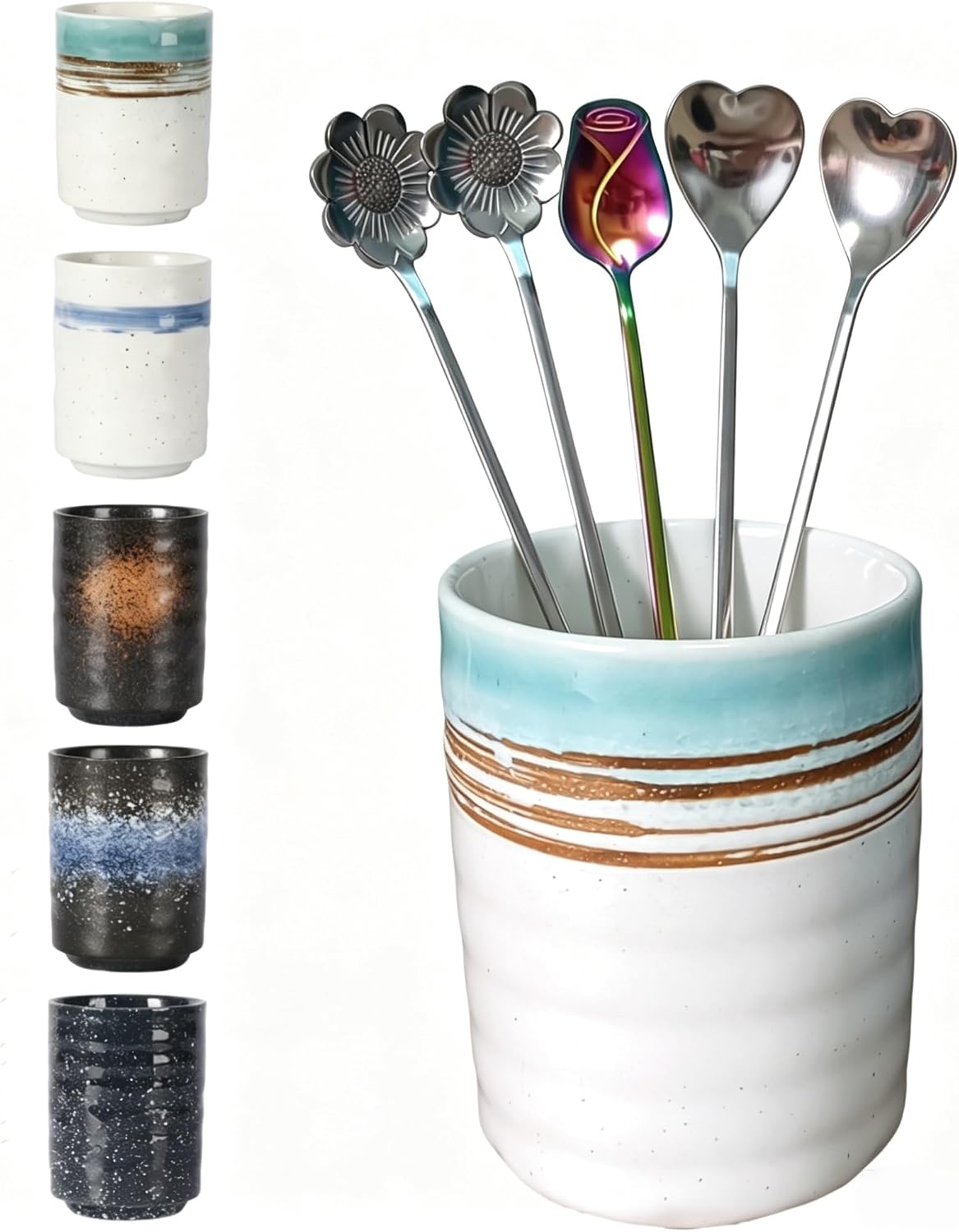 Stoneware Coffee Bar Utensil Holder Tea & Coffee Spoon & Stirrer Holder for Stir Stick Straw Teaspoon Holder Espresso Spoon Cup Small Utensil Jar (Coastal beach)