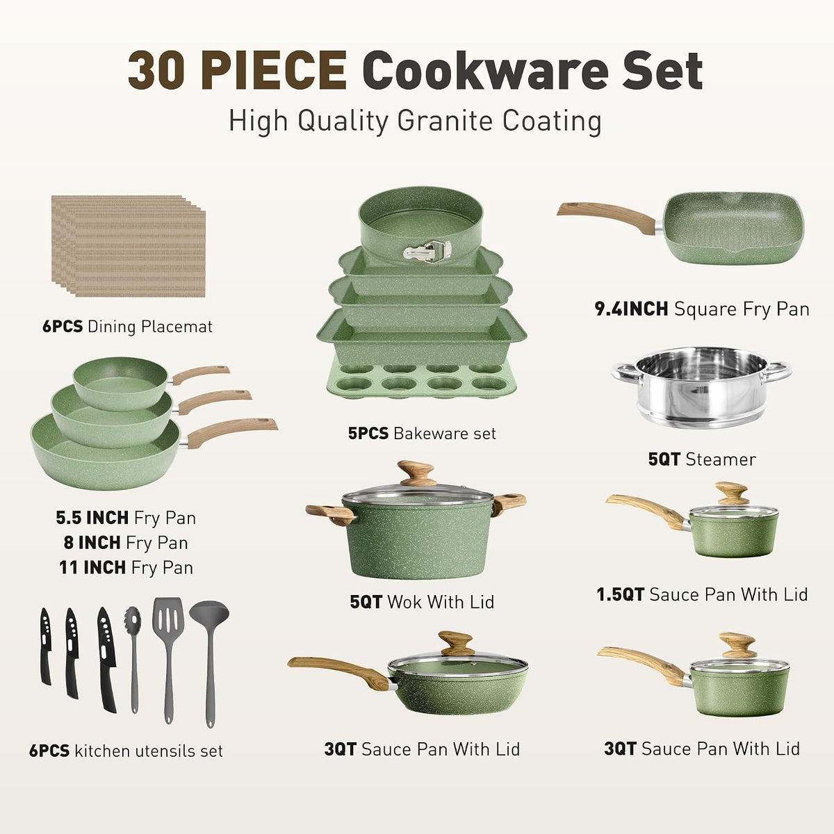 30 Piece Pots and Pans Set, Kitchen Cookware Sets Non Stick