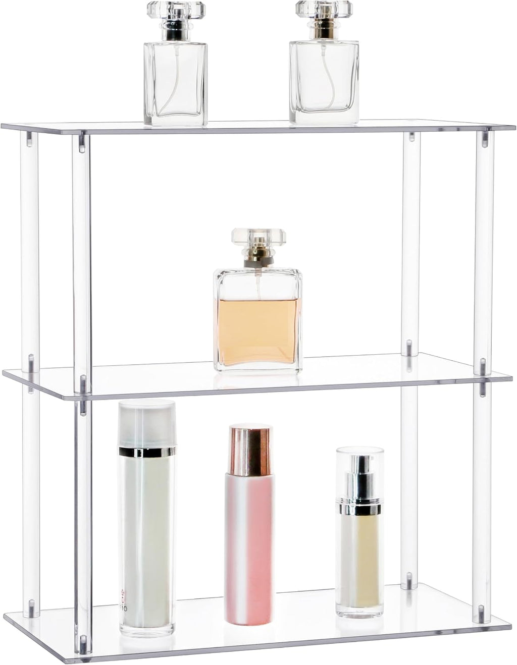 Jusalpha Rectangular 3 Tier Clear Acrylic Tabletop Display Stand，Bathroom Vanity Cosmetic Makeup Organization Shelves, Home Decor Display Stand (3 Tier, Rectangular)