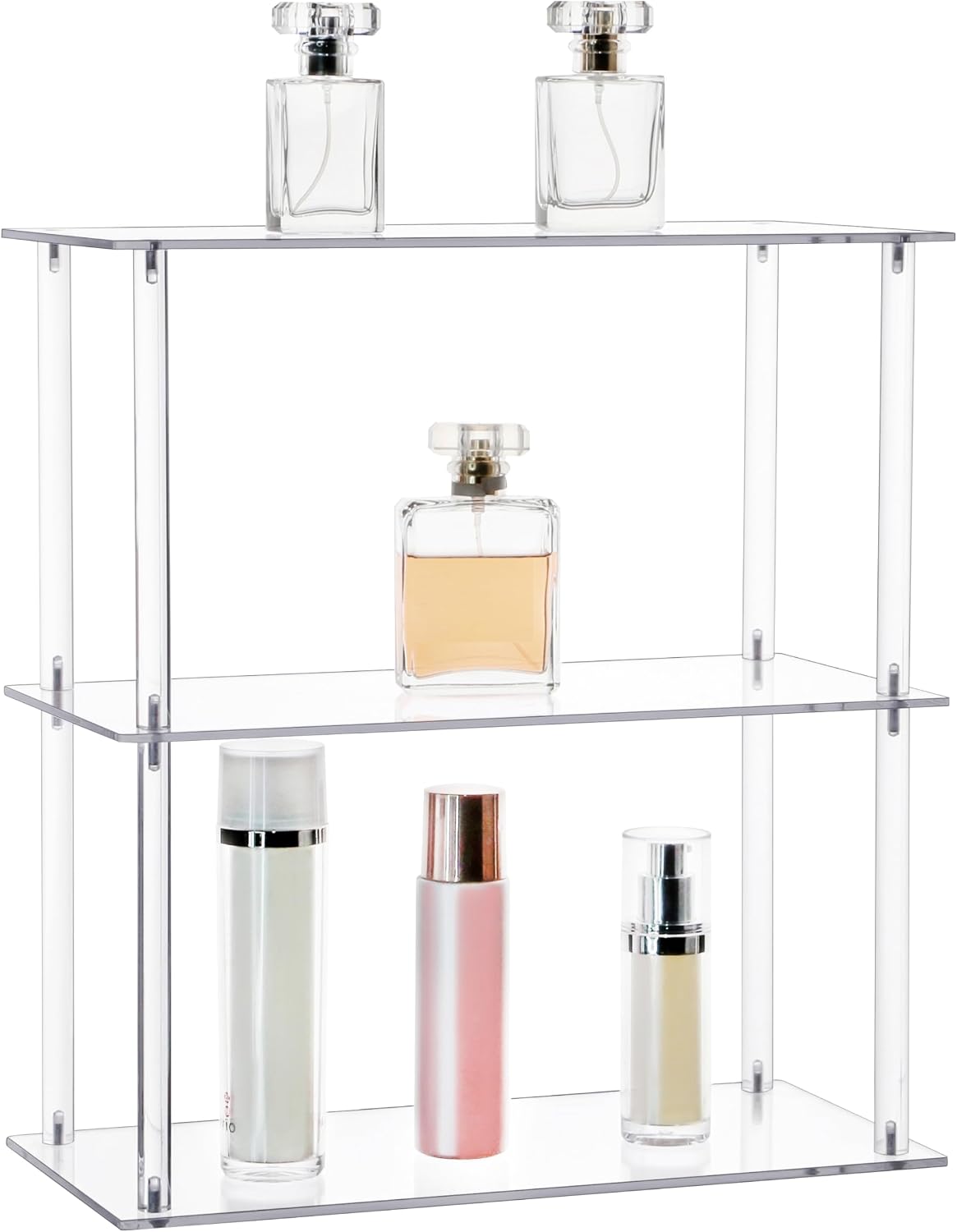Jusalpha Rectangular 3 Tier Clear Acrylic Tabletop Display Stand，Bathroom Vanity Cosmetic Makeup Organization Shelves, Home Decor Display Stand (3 Tier, Rectangular)
