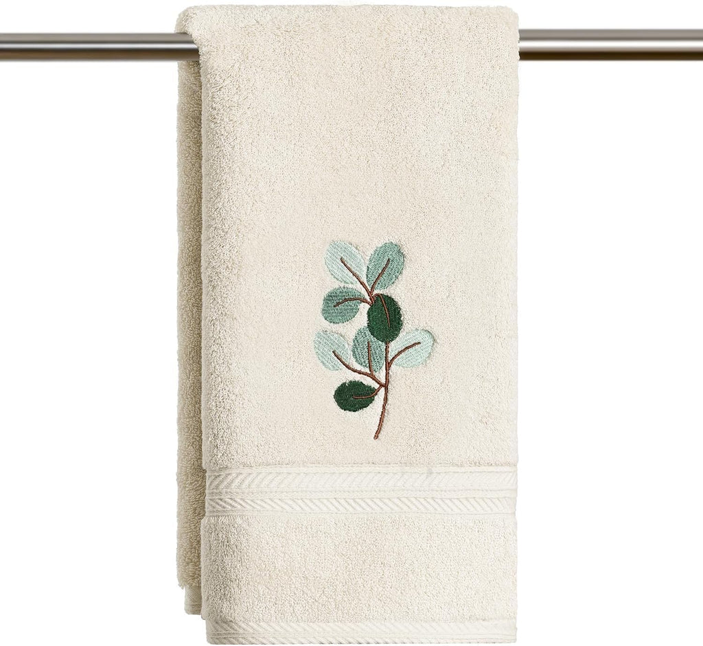 Artoid Mode 2 Pcs Beige Eucalyptus Leaves Embroidered Hand Towels for Bathroom, Cotton Soft Absorbent Farmhouse Decor Towels, 13.7 x 29.5 Inch