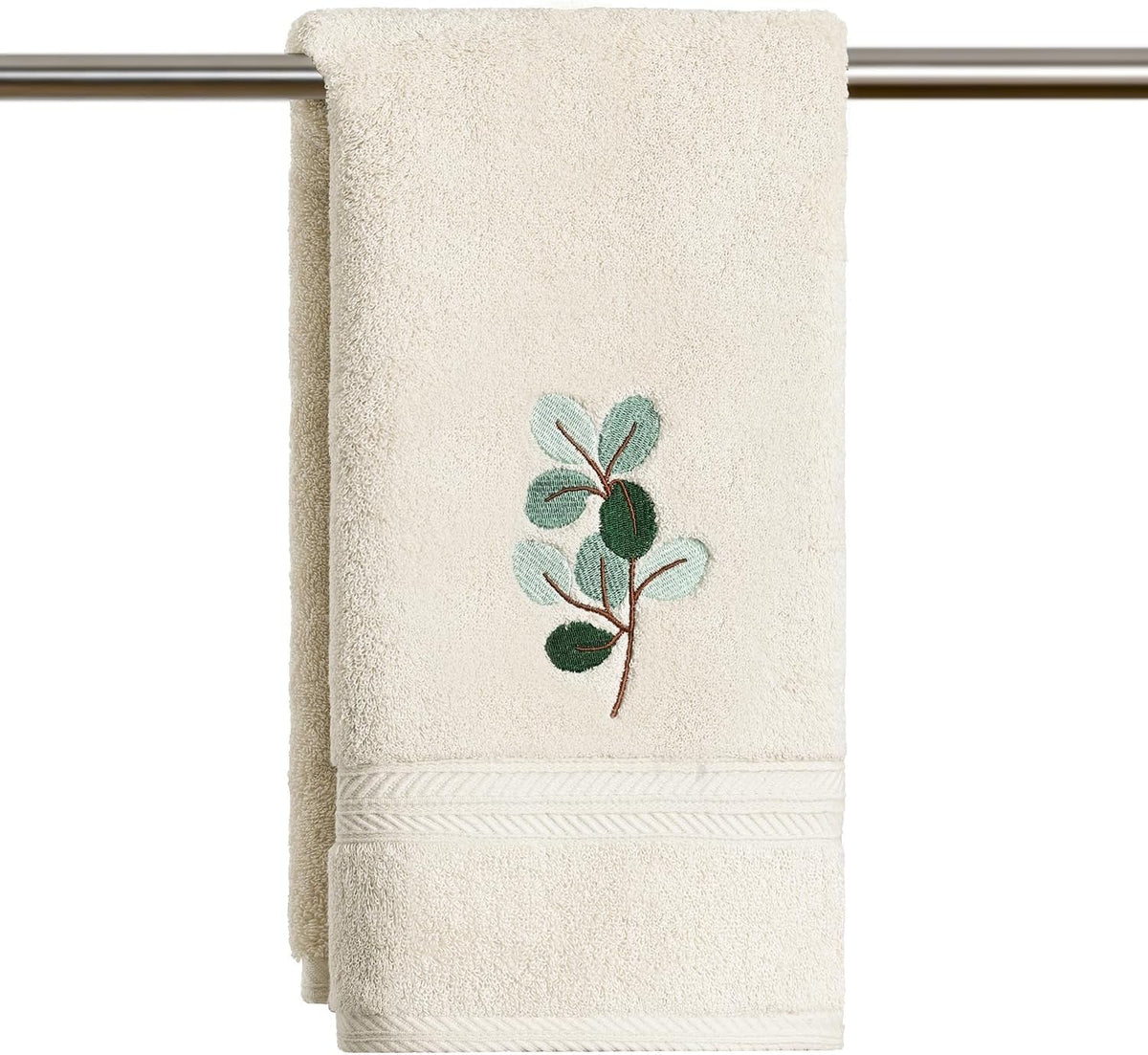 Artoid Mode 2 Pcs Beige Eucalyptus Leaves Embroidered Hand Towels for Bathroom, Cotton Soft Absorbent Farmhouse Decor Towels, 13.7 x 29.5 Inch