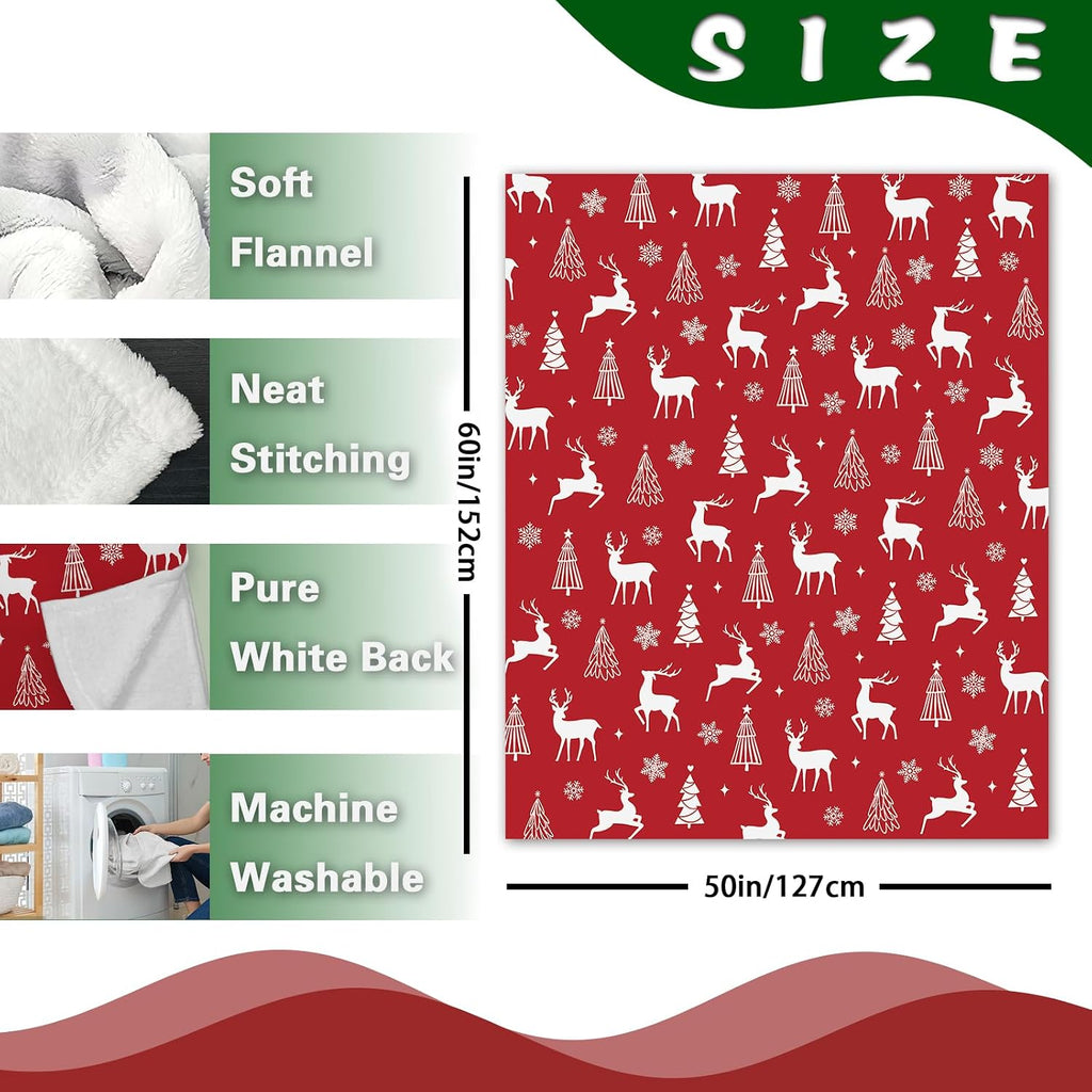 Christmas Tree Reindeer Red Flannel Throw Blanket