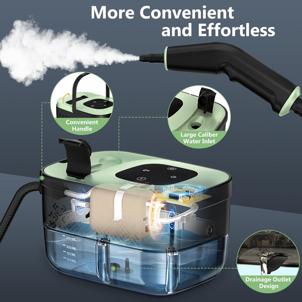Steam Cleaner, Portable Steamer for Cleaning with 16pcs Accessories, 6-Level Adjustable and 15s Heat-Up, Handheld Steam Cleaner for Home, Tile, Dirt, Grout, Grease, Car Detailing, Dark Green