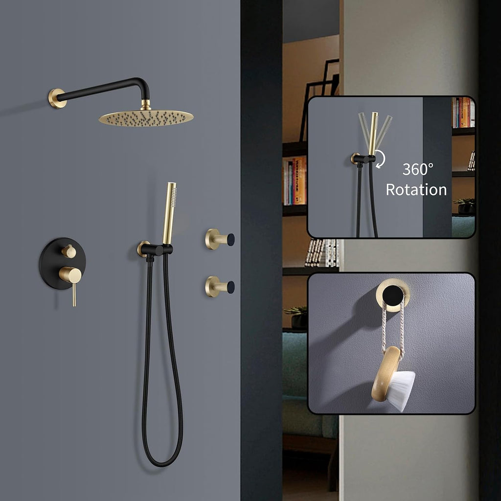 Shower Faucet Set Black and Brushed Gold 10'' Rainfall Shower System