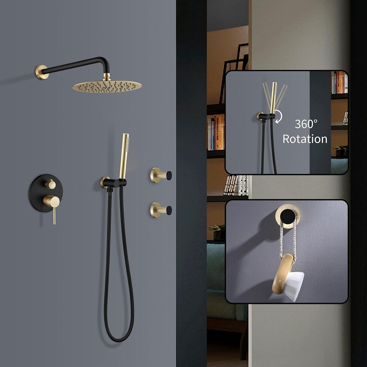 Shower Faucet Set Black and Brushed Gold 10'' Rainfall Shower System