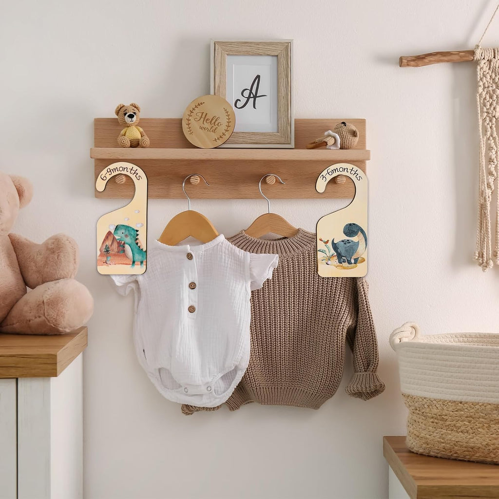 Whaline 8Pcs Baby Closet Size Dividers Dinosaur Hanging Wooden Baby Closet Organizer Newborn to 24 Months Thicken Infant Wardrobe Organizer for Home Nursery Bedroom Decor