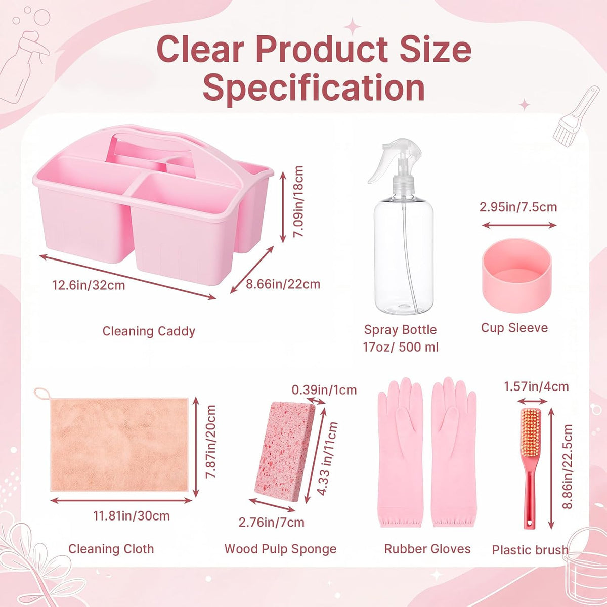 7 Pcs Cleaning Caddy Kit, Portable Divided Organizer, Pink