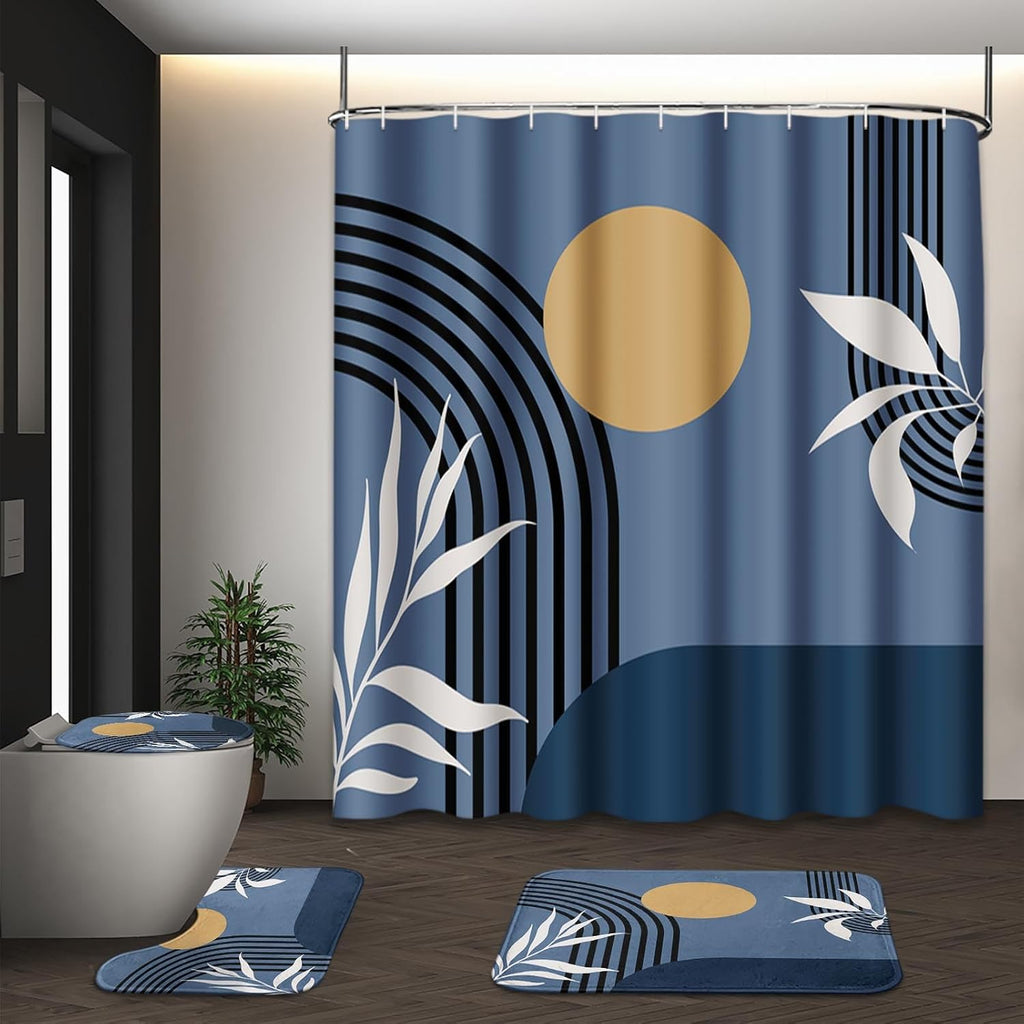 Bathroom Sets with Shower Curtain and Rugs, Set of 4, Boho Modern