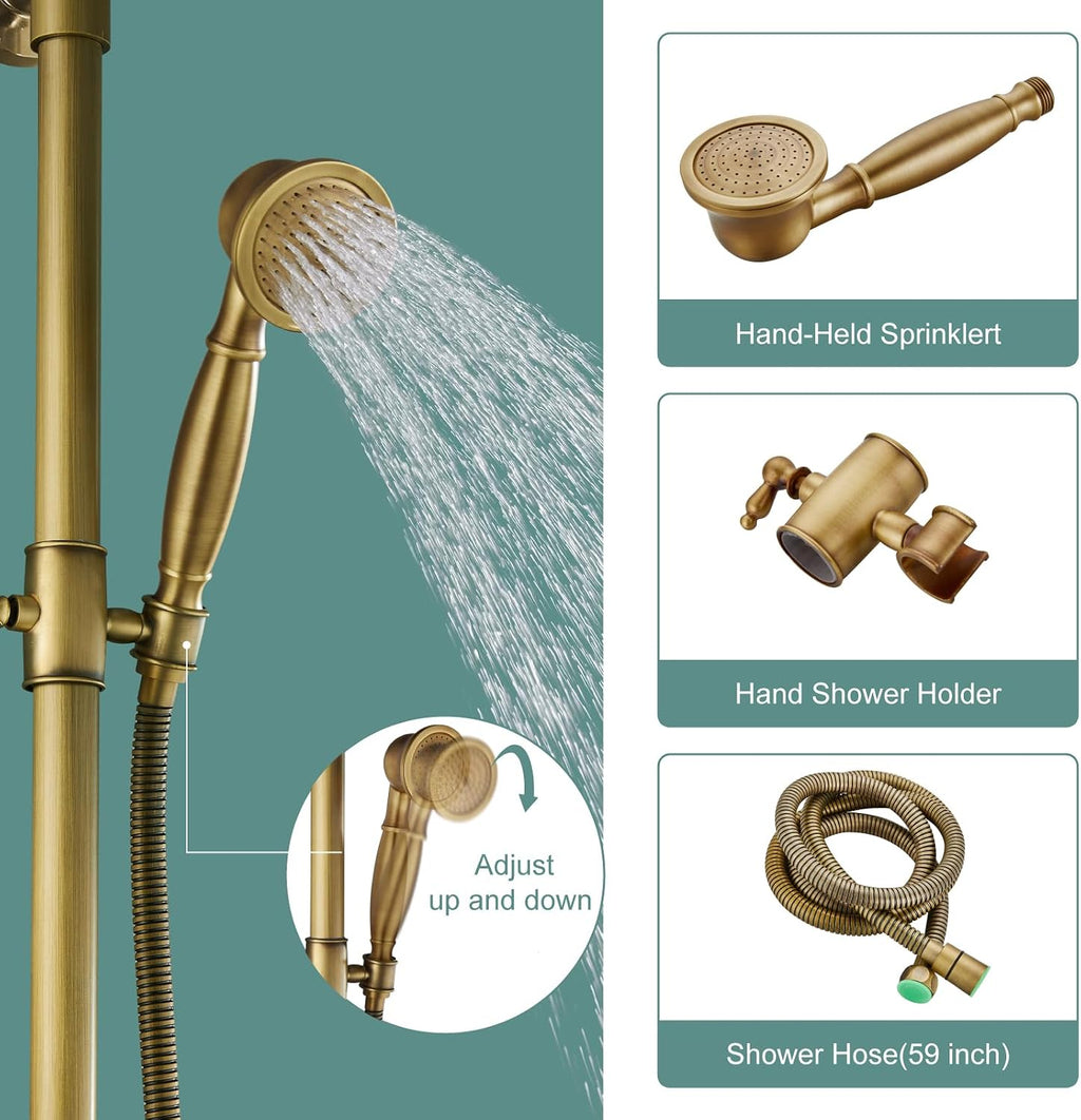 Heyalan Exposed Shower System, 8 Inch Rain Head, Handheld,Antique Brass