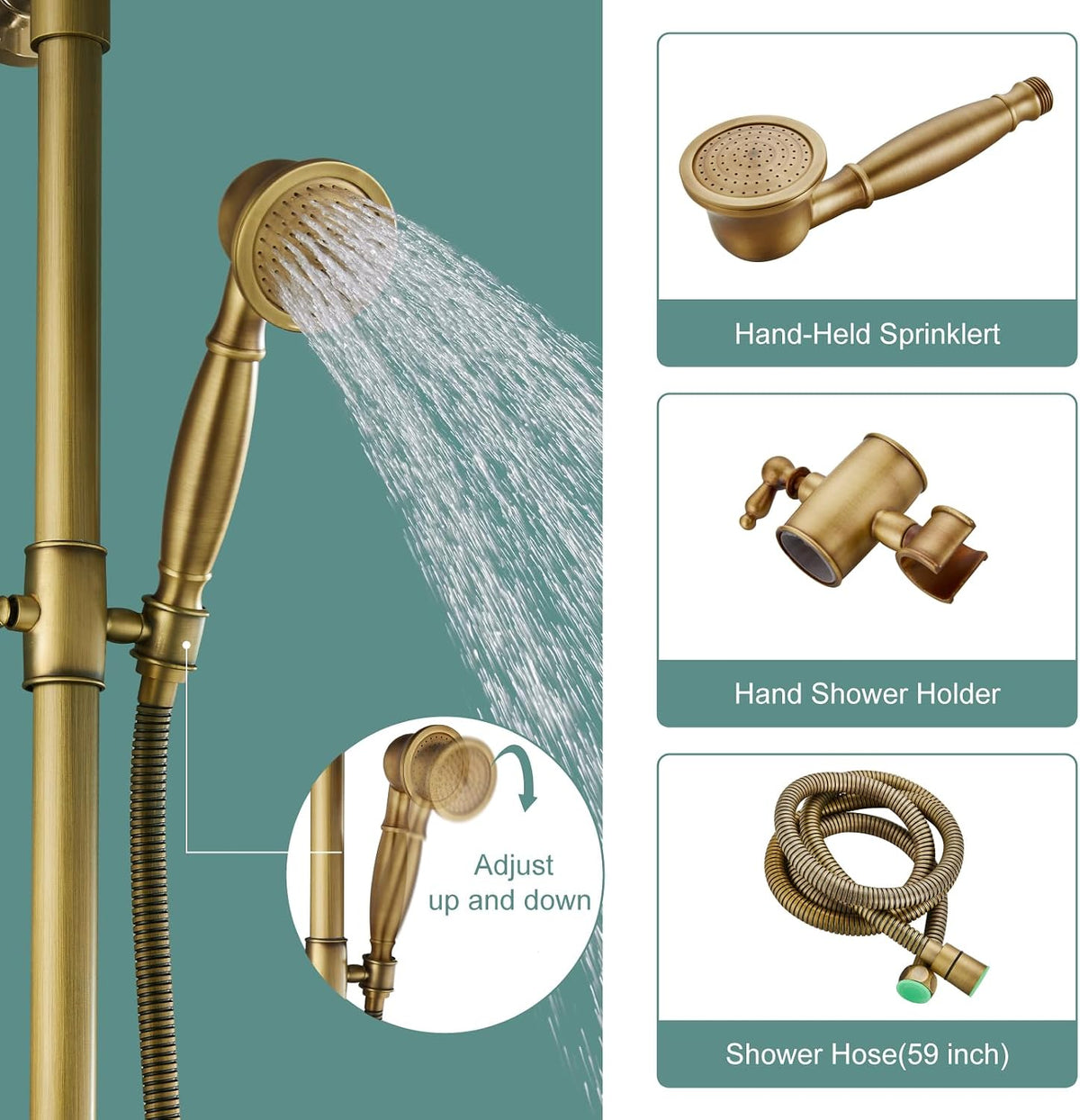 Heyalan Exposed Shower System, 8 Inch Rain Head, Handheld,Antique Brass
