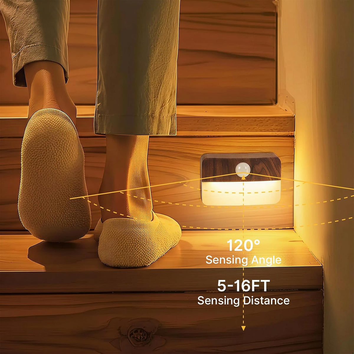 Guankai 8 Pack Motion Sensor Stair Light Indoor, Wireless Battery Operated Closet Lights, Stick on Anywhere Hallway Lamp, Portable Led Night Lamps for Bedroom Under Cabinet Kitchen, Wood Grain