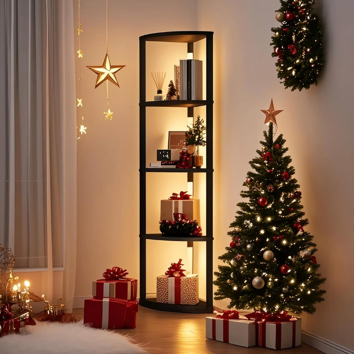 VILICK Corner Shelf with Light 5 Tier Tall Standing Shelf Dimmable Corner Floor Lamp with Shelves LED Corner Bookshelf Display Cabinet Shelf for Living Room, Bedroom, Home Decor