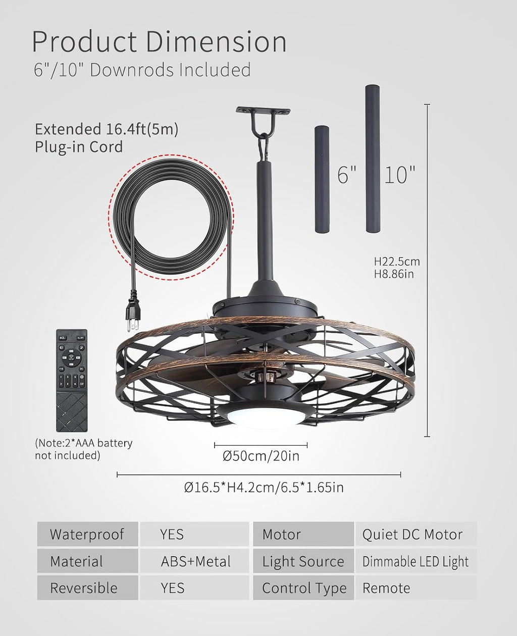 20" Gazebo Fans Outdoor Hanging, Caged Ceiling Fan with Light and Remote