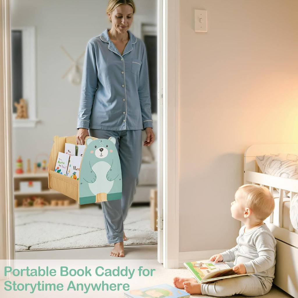 Toddler Bookshelf Double-Sided with 4 Tier Deep Sleeves Kids Wooden Montessori Book Rack for Baby Nursery Room, Playroom, Classroom or Bedroom Bookcase Storage Organizer, Green Bear