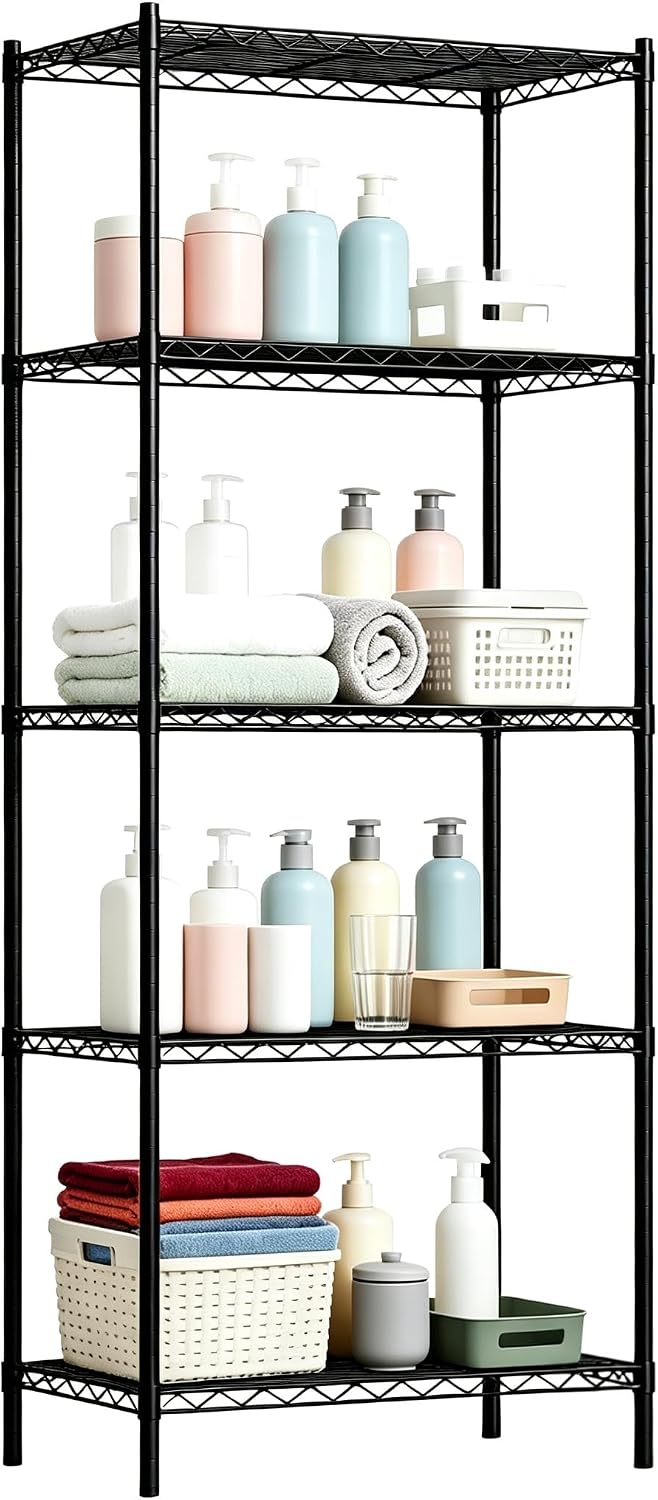 Wire Storage Standing Shelf Rack Tower, Corner Metal Shelving Unit with Adjustable Shelves, Space-Saving Organizer for Garage, Kitchen, Bathroom, 18 * 18 Inch