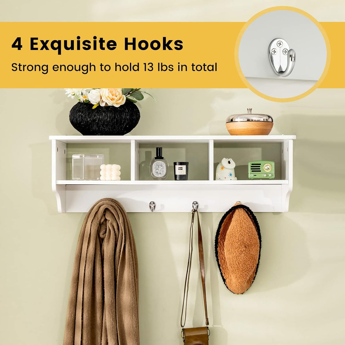 Casart Hanging Shelf Wall Mounted Storage Cabinets W/Hooks for Bedroom, Living Room and Entryway (White)