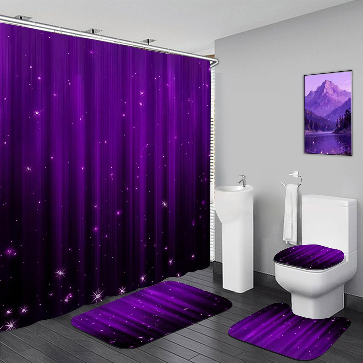Yddsky 4 Pcs Pink Geometric Shower Curtain Set with Rugs Bathroom Set