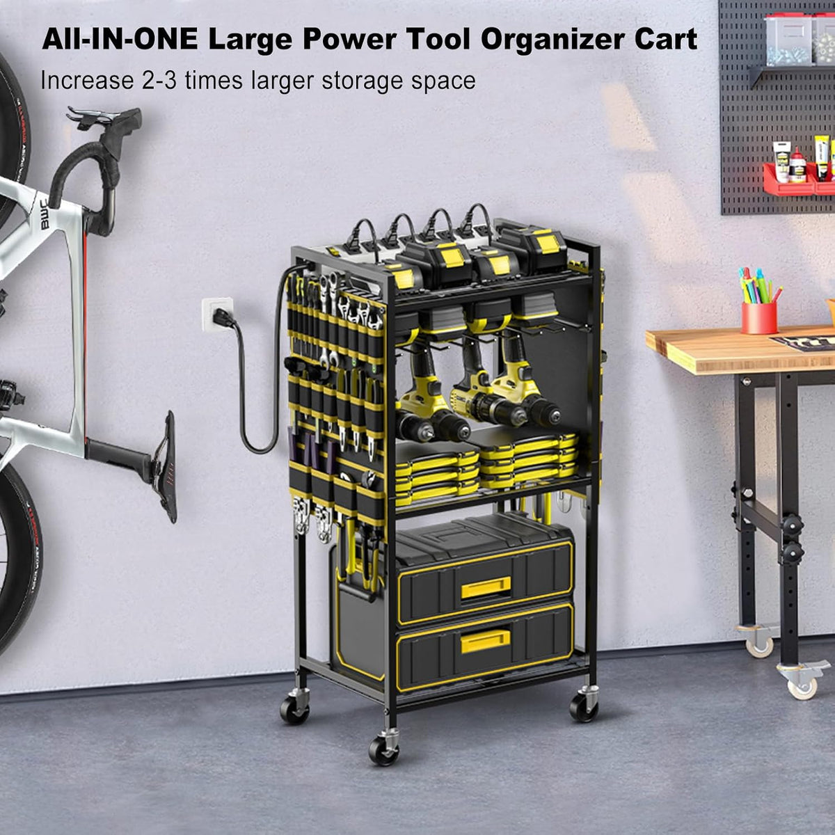 Power Tool Organizer Cart with Charging Station, 6 FT Cord, Yellow