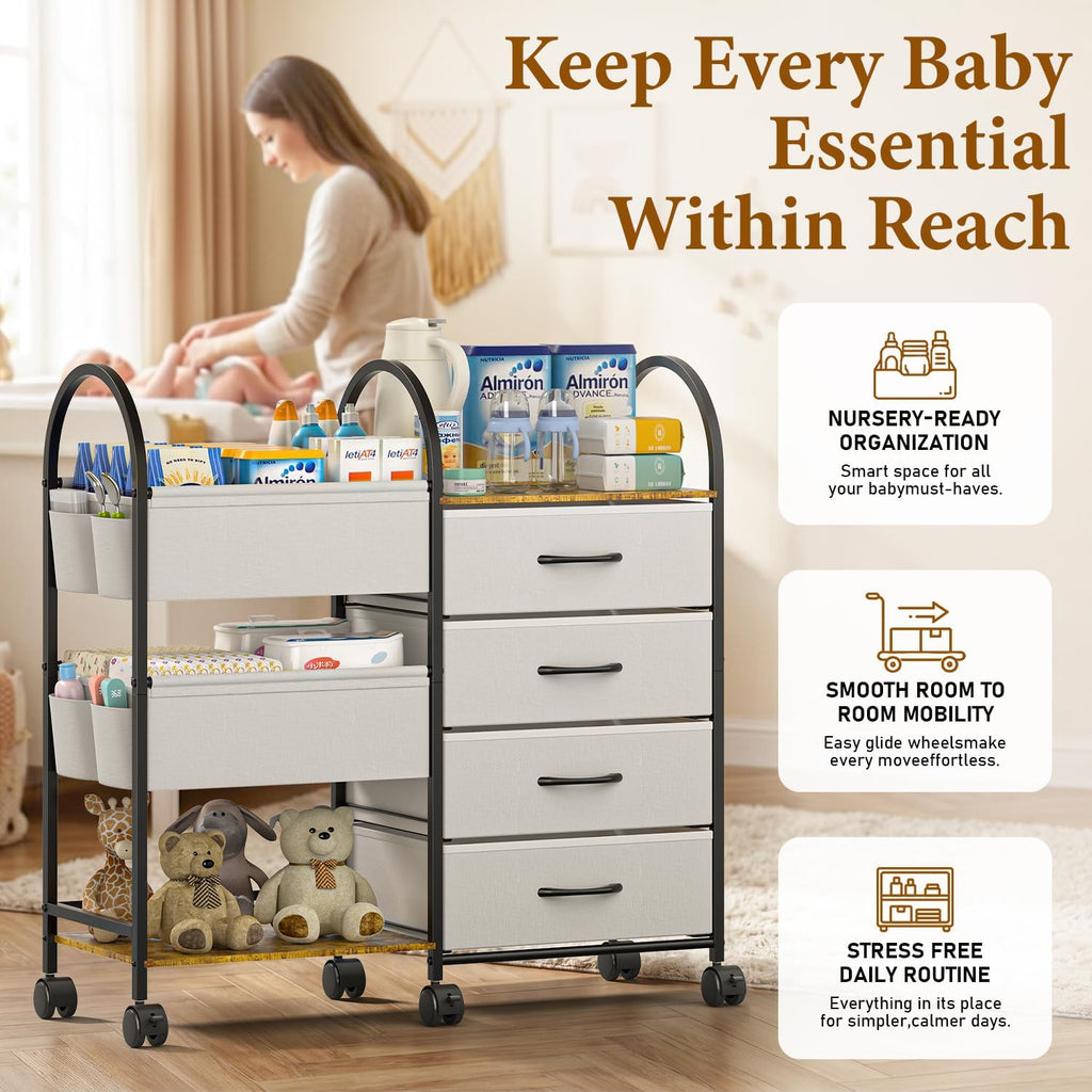 Baby Diaper Caddy Organizer Cart with Wheels, 4-Tier Rolling Diaper Cart with Dividers and Drawers, Multi-Layer Nursery Storage for Diapers & Baby Essentials