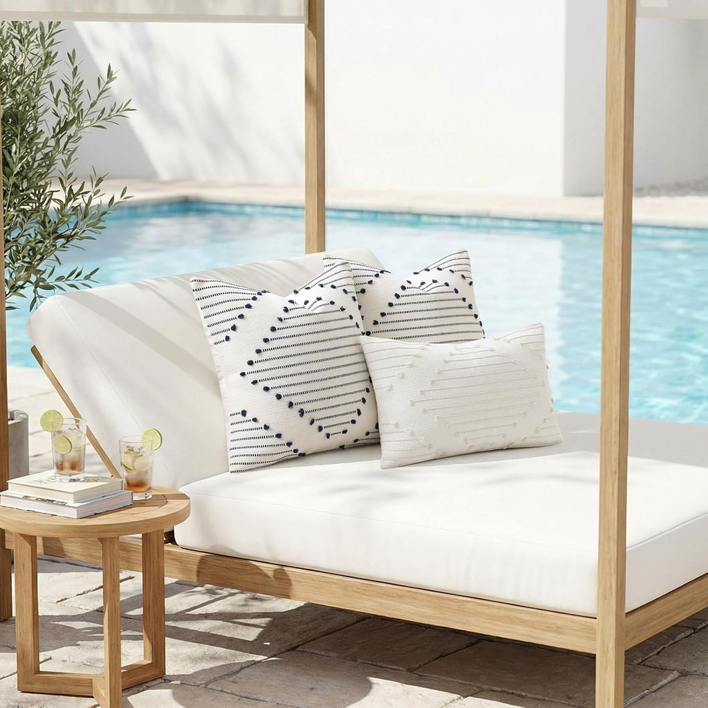 Mecatny Boho Outdoor Throw Pillow Covers 18x18 Set of 2 Beige & Cream White