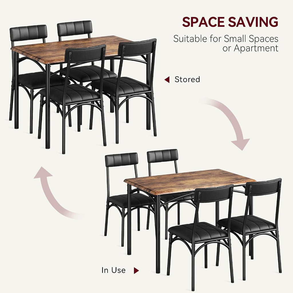 5-Piece Dining Table Set for 4, Small Farmhouse Kitchen Table with 4 Upholstered Chairs, Modern Wood & Metal Dining Room Furniture for Apartment Small Spaces, Retro Brown
