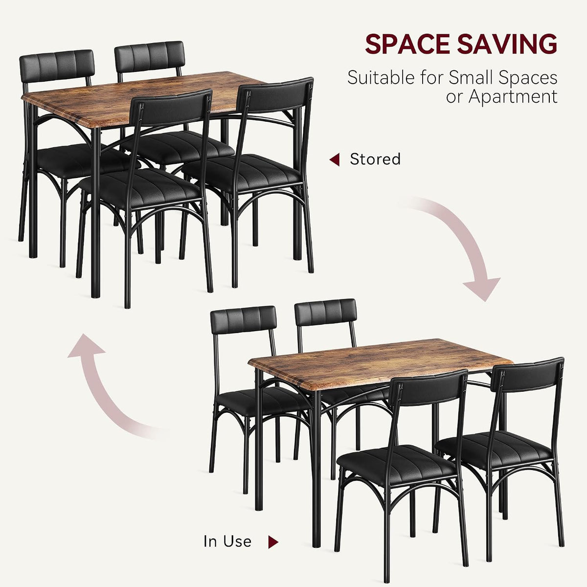 5-Piece Dining Table Set for 4, Small Farmhouse Kitchen Table with 4 Upholstered Chairs, Modern Wood & Metal Dining Room Furniture for Apartment Small Spaces, Retro Brown