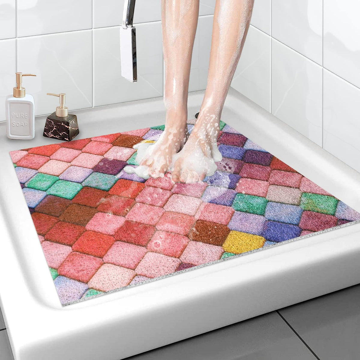 Shower Mat Non-Slip, 24x 24 Inch Square, Soft Comfort Bath Mats with Drainage Holes, PVC Loofah Massage Shower Floor Mat for Shower, Bathroom, Wet Areas, Quick Drying
