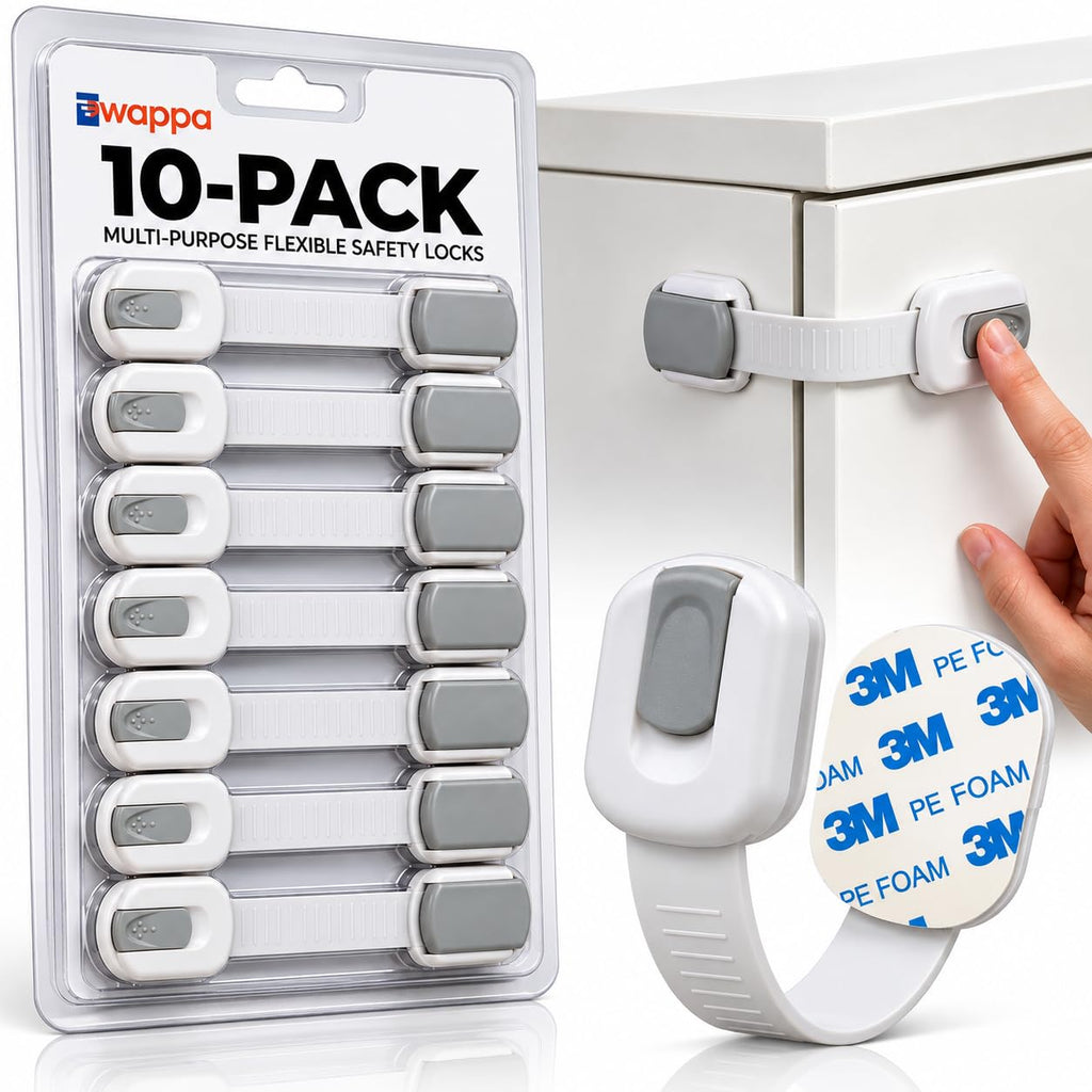 Child Safety Strap Locks (10 Pack) Baby Locks for Cabinets and Drawers, Toilet, Fridge & More. 3M Adhesive Pads. Easy Installation, No Drilling Required, White/Gray