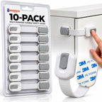 Child Safety Strap Locks (10 Pack) Baby Locks for Cabinets and Drawers, Toilet, Fridge & More. 3M Adhesive Pads. Easy Installation, No Drilling Required, White/Gray