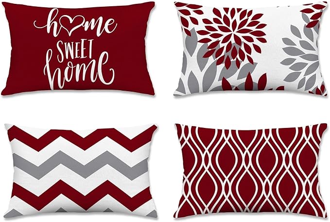 Hexagram Geometric Burgundy Pillow Covers 12x20 Set of 4, Decorative Outdoor by Hexagram
