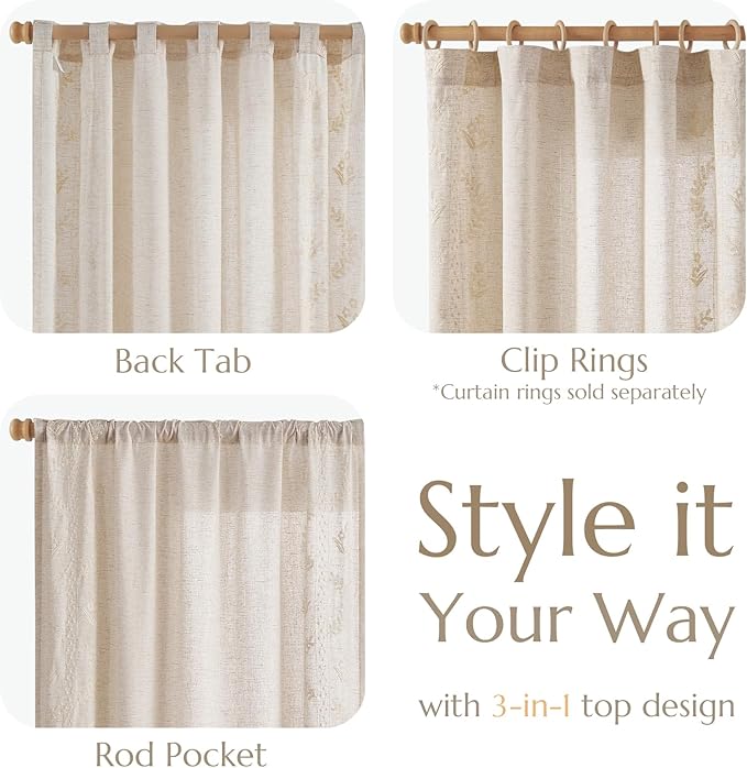 jinchan Belrose Linen Curtains for Bedroom Floral Curtains 63 Inch Length Linen - Image 6