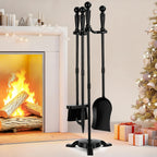 4-Piece Fireplace Tool Set with Stand, 30In Wrought Iron, Black
