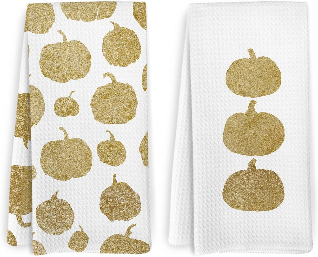 Fall Pumpkin Decor Kitchen Towels and Dishcloths Set of 2, Fall Thanksgiving Day Hand Dish Towel, Farmhouse Autumn Pumpkins Decorative Hand Tea Towels for Bathroom Kitchen, 16×24 Inch