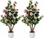 2 Pack Artificial Camellia Tree with White Pot, 38" Faux Potted Plants for Indoor Outdoor Decor, Tall Silk Greenery Plant for Home Offce Living Room Balcony, Pink