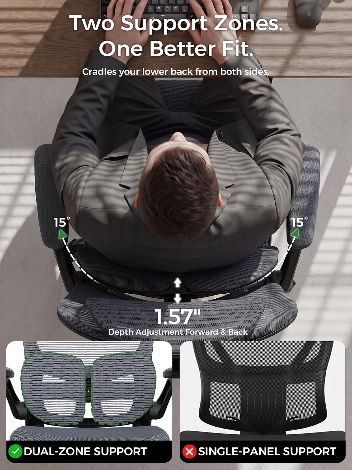Ergonomic Office Desk Chair, Adjustable Dual Lumbar Support & Thick Seat