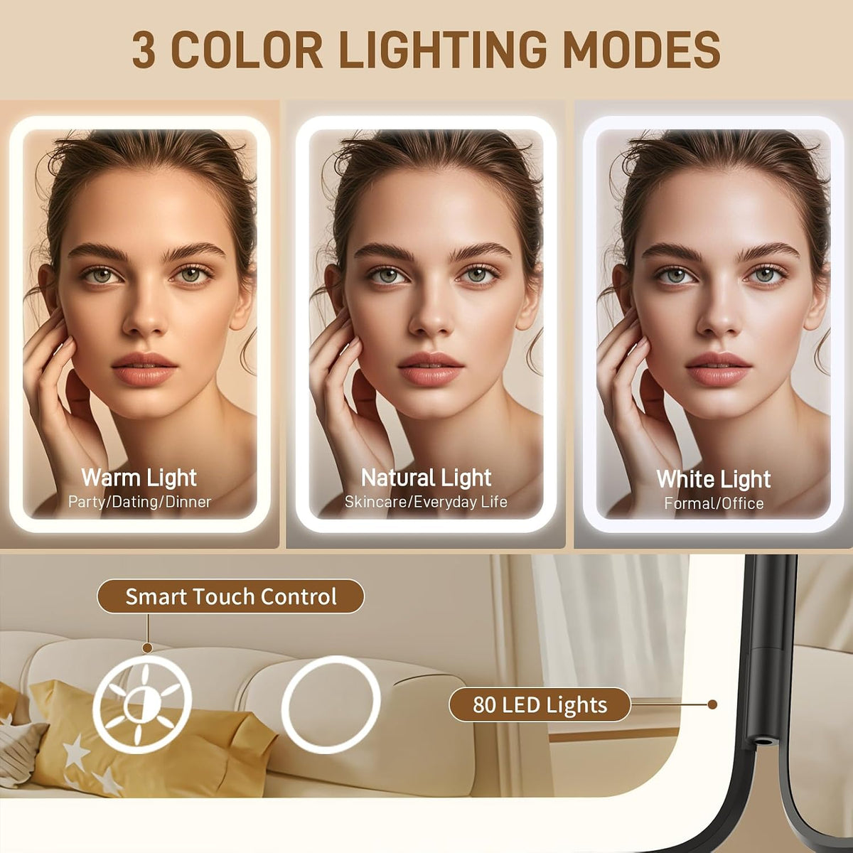 Rechargeable Lighted Makeup Mirror with 1X/3X/5X Magnification, Professional 3-Color LED Trifold Vanity Mirror, Smart Memory, Type-C Charging, Portable Beauty Mirror for Travel, Idea Gifts - Black