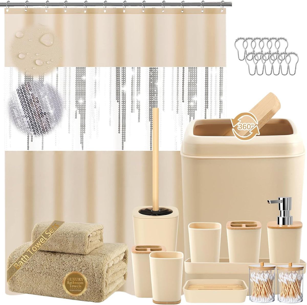XLHOMO Black Bathroom Set - 9 Piece Accessory Set with Trash Can