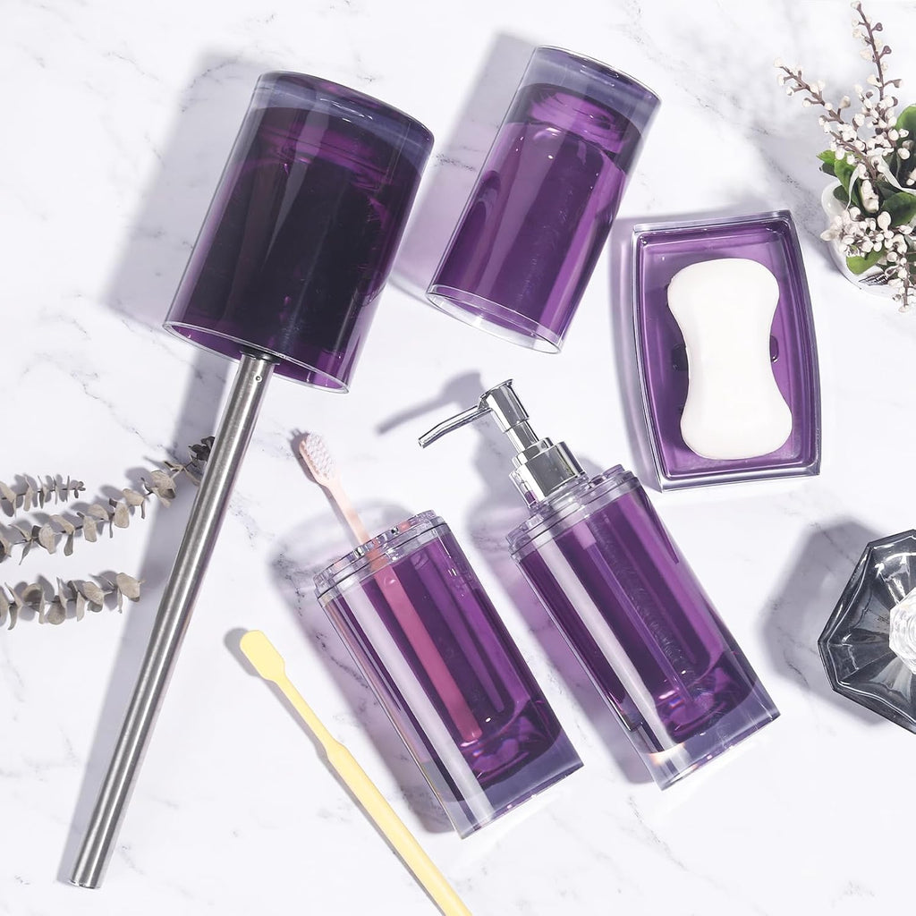 Bathroom Accessories Set,Soap Dispenser,Soap Dish,Toothbrush Holder, Tumbler,Toilet Brush and Holder, Acrylic Bathroom Accessories Set Complete, Modern Bathroom Décor, Gift for Home (Dark Purple)
