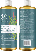 Dr. Jacobs Naturals Peppermint Castile All-in-One Cleaner and Soap - Plant-Based Formula for House Cleaning Floors and Appliances - Gentle on Skin and the Planet - 32 oz, 1 Pack