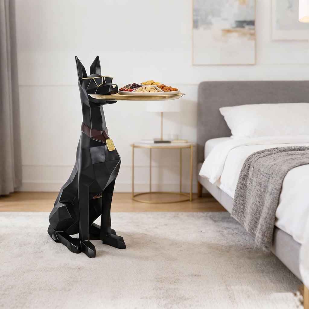 29-Inch Black Resin Geometric Doberman Statue with Tray, Dog Side Table